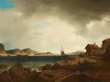 Axel Nordgren, Scandinavian Coastal Landscape with Sailing Ships, Oil on panel, mounted on hardboard