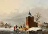 Louis Smets, Winter Landscape with Skaters, Oil on panel