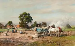 Karl Stuhlmüller, Landscape with Peasants at Harvest Time, Oil on canvas