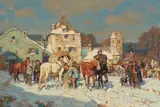 Wilhelm Velten, The Marketplace The Riders' Departure, Oil on panel. Each