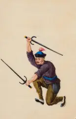 Tingqua, An album with eleven paintings depicting warriors, An album with eleven paintings depicting warriors with halberds, bow and arrow and other weapons. Colours on pith paper, laid down on paper with a silk ribbon. Cloth cover