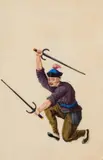Tingqua, An album with eleven paintings depicting warriors, An album with eleven paintings depicting warriors with halberds, bow and arrow and other weapons. Colours on pith paper, laid down on paper with a silk ribbon. Cloth cover