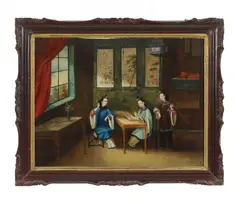 Anonymer Maler des 19. Jh., An interior with two Chinese ladies, An interior with two Chinese ladies seated at a table and one lady standing next them. Oil on canvas
