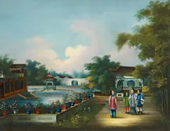 Anonymer Maler des 19. Jh., A Chinese school painting depicting Chinese ladies in a large garden setting. Oil on canvas., A Chinese school painting depicting Chinese ladies in a large garden setting. Oil on canvas