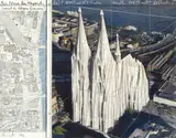 Christo, Mein Kölner Dom, Wrapped, 1992, Pencil, charcoal, pastels, wax crayon, photocopy, cloth, thread, and map on card on wood