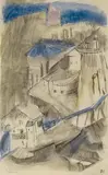 Franz Marc, Landschaft bei Meran (Schenna), 1913, Tempera and pen and ink drawing on sketchbook paper with perforated side margin and rounded corners