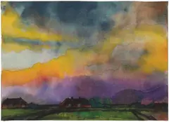 Emil Nolde, Weite Marschlandschaft mit Bauernhöfen, Circa 1930/1935, Watercolour on fibrous Japan laid paper