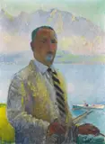 Cuno Amiet, Selbstbildnis (Selbstporträt vor Bergkette)