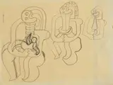 Wladimir Baranoff-Rossiné, La mère et l'enfant. Etudes de nus et masque. Femme nue, 1931, 1933 resp. 1930-1933, 3 drawings. Each black chalk on writing paper (imprinted with blue letterhead "H.Duval", Paris, verso) and sketch sheet on lightly textured paper resp. thin paper
