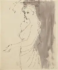 Paul Delvaux, Femme, Washed pen and ink drawing on chamois-coloured laid paper