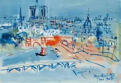 Jean Dufy, Paris, la Passerelle des Arts, 1958, Gouache and watercolour on watercolour card