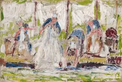 Alexander Gerbig, Wäscherinnen, Circa 1910, Oil sketch on unprimed plywood 31.6/