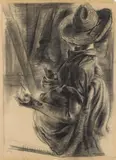 Dummy with hat and pipe by George Grosz, 1936, Charcoal drawing resp. on yellowish laid paper with watermark "W&A Strathmore Charcoal", offered May 2017