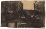 Adolf Hölzel, Haus in Landschaft, Circa 1900, Charcoal drawing on brownish paper 15.5/
