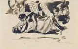 Max Liebermann, Liebespaar. Verso: Bread-cutting scene from J.W. Goethe "Die Leiden des jungen Werther", Double-sided drawing. Brush and India ink and pencil resp. pencil drawing on sketchbook paper, the left margin perforated