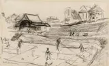 Max Liebermann, Tennisplatz in Noordwijk. Verso: Figural sketches, 1913, Double-sided drawing. Each black chalk on sketchbook paper, traces of a former thread stitching in the left margin