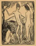Otto Mueller, Stehender Knabe und zwei Mädchen 2 (Drei Akte), 1917, Lithograph on thin brownish copperplate printing paper