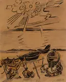 Max Pechstein, Fischer beim Netze-Flicken am Strand, Nidden, 1919, Brush and India ink drawing on firm drawing paper, watercoloured
