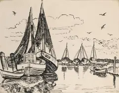 Fischerboote auf Leba by Max Pechstein, 1934, Pen and ink drawing on heavy paper with embossed stamp "RAPID", sold May 2017