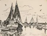 Max Pechstein, Fischerboote auf Leba, 1934, Pen and ink drawing on heavy paper with embossed stamp "RAPID"