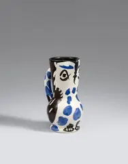 Crouchon Hibou by Pablo Picasso, 1955, Pitcher with handle. White clay with blue, black and brown engobe painting, glazed and with knife engraving, offered May 2017