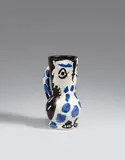 Pablo Picasso, Crouchon Hibou, 1955, Pitcher with handle. White clay with blue, black and brown engobe painting, glazed and with knife engraving