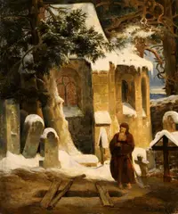 Study for a Painting of an Abbey Graveyard in the Snow by Karl Friedrich Lessing, Oil on canvas, mounted on card, sold May 2017