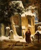 Karl Friedrich Lessing, Study for a Painting of an Abbey Graveyard in the Snow, Oil on canvas, mounted on card