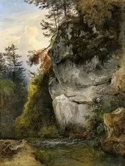 Friedrich Gauermann, Rock Formation by a Stream, Oil on paper, mounted on panel