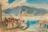 Pilgrimage to the Shrine of the Madonna del Sasso on Lago Maggiore by Ludwig Ferdinand Schnorr von Carolsfeld, Watercolour on paper, mounted on card, offered May 2017