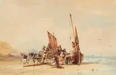 Auguste Delacroix, Fishers and Horse Carts on a Beach, Watercolour