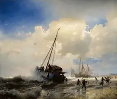 Andreas Achenbach, Sailing Ships on a Beach, Oil on canvas (relined)