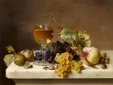 Johann Wilhelm Preyer, Fruit Still Life with Greengages, a Glass of Wine, Grapes, Peaches, and Hazelnuts on a Marble Slab, Oil on canvas