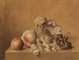 Johann Wilhelm Preyer, Still Life with a Peach and Grapes, Black chalk and ink
