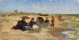 French School, circa 1870 & 80, Beach Scene in Normandy, Oil on canvas, mounted on card