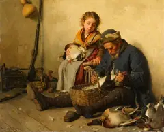 Antonio Rotta, Interior Scene with a Grandfather and Granddaughter plucking Ducks, Oil on panel