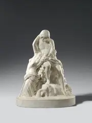 Joseph Geefs, "The Young Fisherman and the Siren" by Joseph Geefs, Carrara marble, carved in the round. This piece is worked in the round but also displays a definite frontal viewpoint. It depicts a young fisherman clothed in a drapery sitting on a rock and gazing down at the siren who tries to lure him into the water. The piece is signed “Joseph Geefs” to the front of the plinth. It is listed in the cited literature as "Jeune pecheur qui se noie attiré par la sirène" and thought to have been made around 1874; surely Geefs has been inspired by the famous ballad by Johann Wolfgang von Goethe "The fisherman" (1779). Geefs studied in Antwerp and returned there in 1841 following stays in Paris and Italy, becoming professor and director of the academy in the subsequent years and receiving numerous public and private commissions. This piece is an example of his later works, which increasingly incorporated elements of Romanticism. In good overall condition. One finger of the siren's left hand partially lost, minor repairs to two further fingers. The rod is a loosely attached replacement in plaster