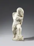 Cesare Lapini, The Mourning Cupid by Cesare Lapini, Marble, carved in the round and partially freestanding. The piece depicts the winged figure of Cupid seated on an ivy clasped tree stump. He covers his face with a thin cloth pulled over his head and wings and holds his arrows lowered at his back. Designed as a sepulchral monument, the piece is signed “C. Lapini” to the back left. Minor bluish stains to the back left of the plinth, otherwise in good overall condition
