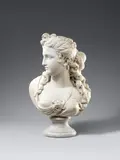 Italy, 19th century, A 19th century Italian carved marble figure of Flora, Carved in the round, minimal remains of former partial polychromy. A finely carved bust of the goddesses facing left with her breasts partially exposed and flowers in her braided hair. Minor restorations to the middle of the lower edge, otherwise in good overall condition. Loosely pegged to an associated marble plinth