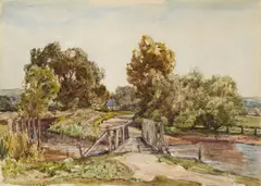 Herbert Hughes-Stanton, Bridge over the River Meon in Hampshire, Watercolour on paper