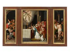 Flemish School, ca. 1577, Altarpiece with the Mass of St. Gregory, Christ Crowned with Thorns, and Christ at the Column, Oil on panel