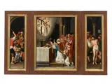 Flemish School, ca. 1577, Altarpiece with the Mass of St. Gregory, Christ Crowned with Thorns, and Christ at the Column, Oil on panel