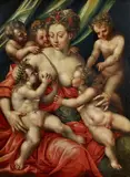 Flemish School, 2nd half 16th century, Allegory of Charity, Oil on canvas (relined)
