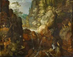 Roelant Savery, Mountain Landscape with Deer and a Stork by a Waterfall, Oil on panel