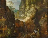 Roelant Savery, Mountain Landscape with Deer and a Stork by a Waterfall, Oil on panel