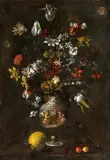 Still Life with a Vase of Flowers, a Lemon, Cherries, and two Birds on a Stone Ledge by Master of the grotesque vase, Oil on canvas (relined), offered May 2017