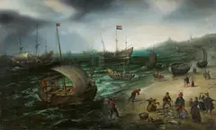 Hendrick Vroom, Sailing Ships Landing at Scheveningen Beach, Oil on canvas (relined)