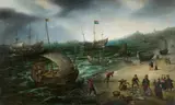 Hendrick Vroom, Sailing Ships Landing at Scheveningen Beach, Oil on canvas (relined)