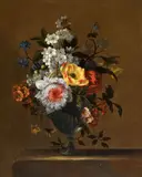 attributed to Nicolas Baudesson, Apple Blossom, Chrysanthemums, and Tulips in a Glass Vase, Oil on canvas (relined)