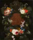 Jan Philip van Thielen, Cartouche with a Bacchanalia Scene Surrounded by a Floral Garland, Oil on canvas (relined)